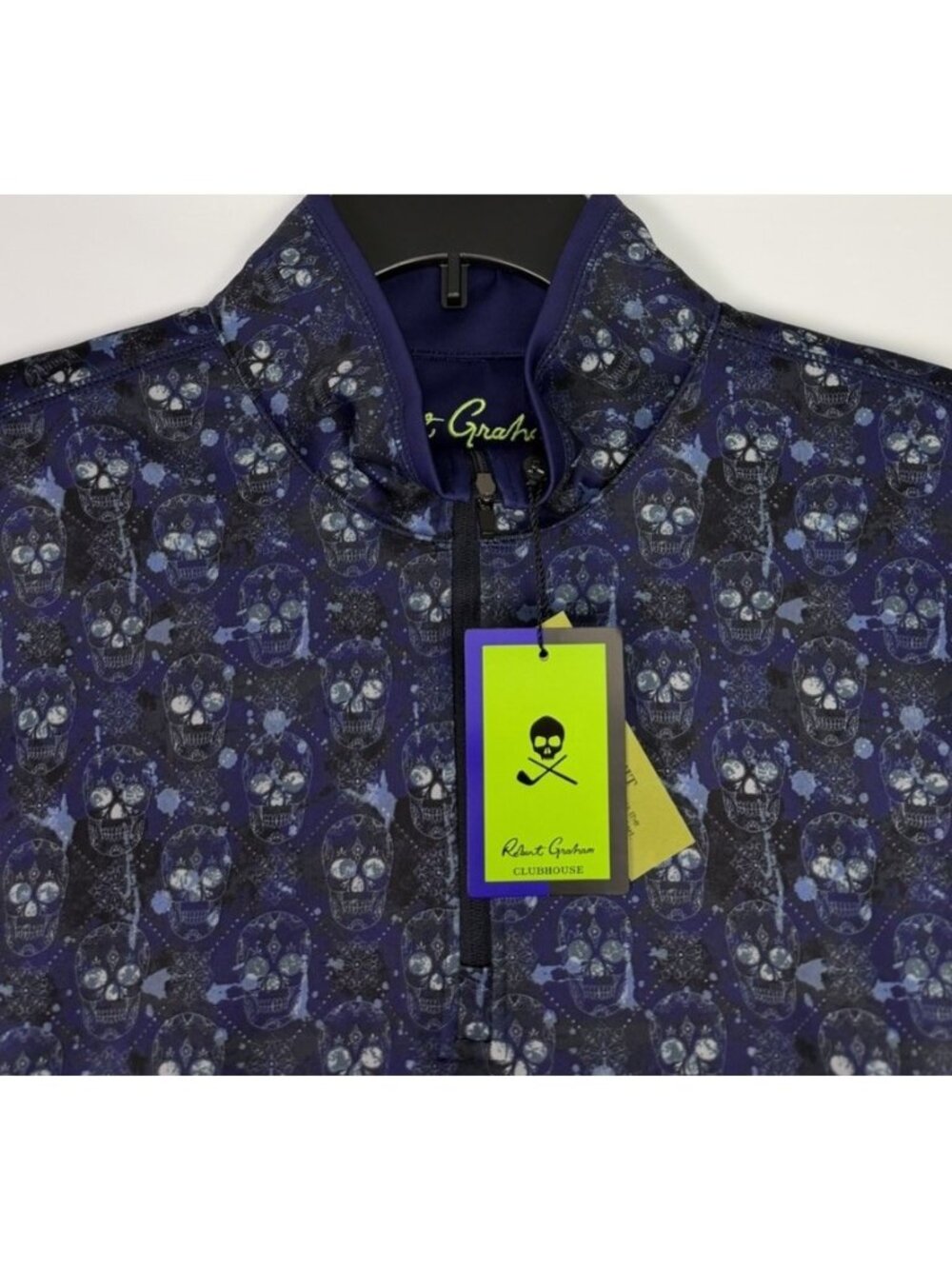 Robert Graham Golf Mens 1/4 Zip Pullover Large Navy Skulls Cutting Edge NWT